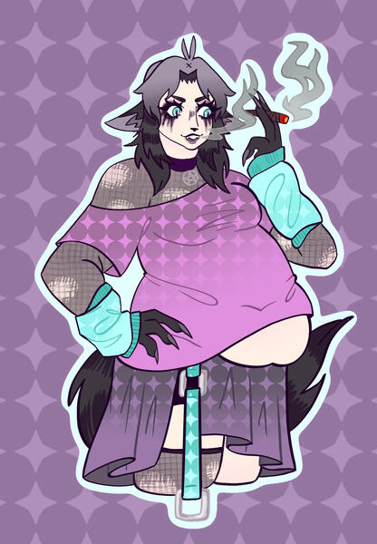 Purple and Teal Raccoon Girl with Marijuana