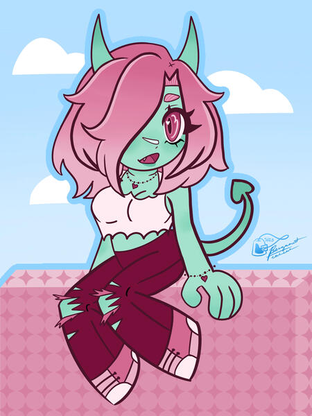Pink and Mint Demon Sitting on a Wall